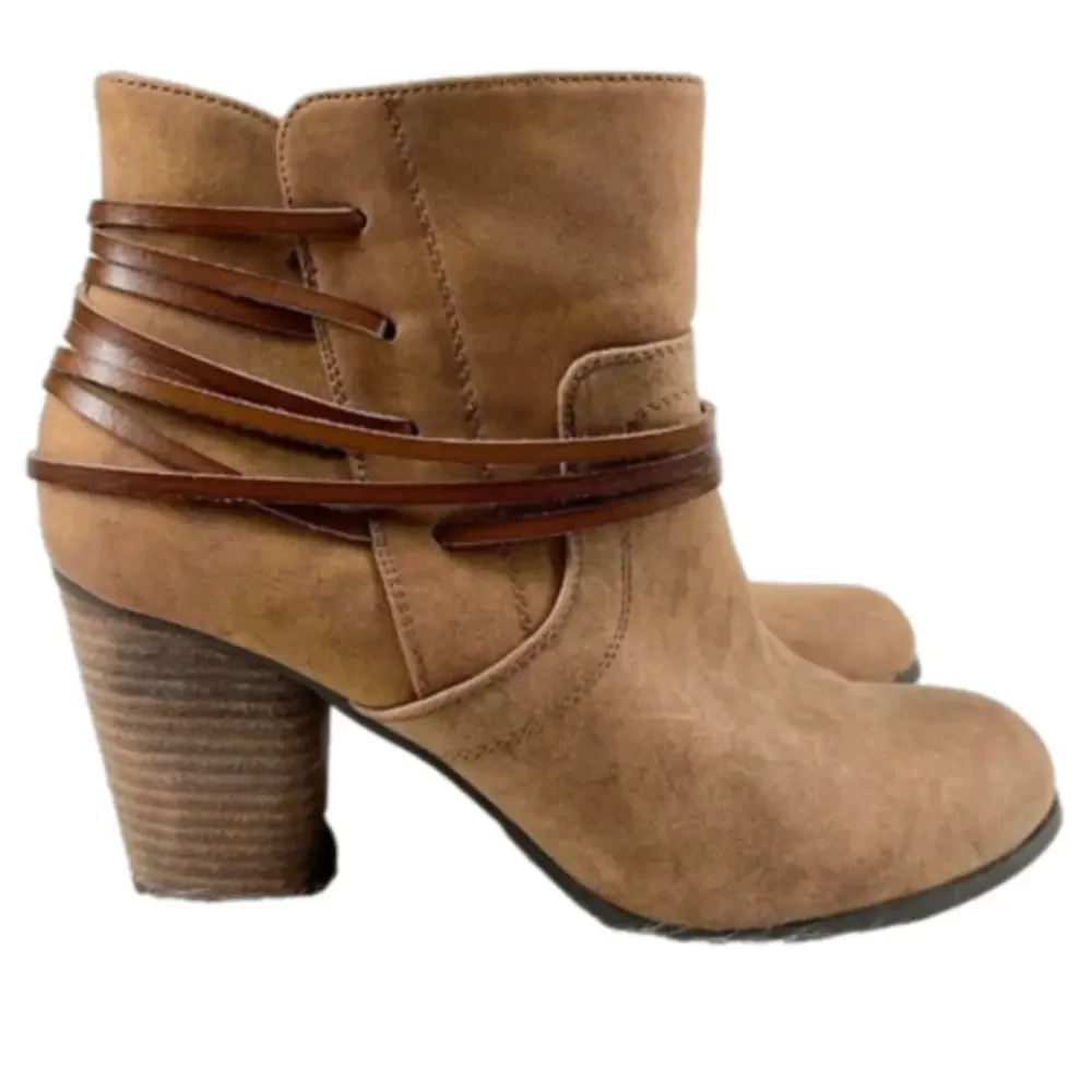Madden Girl Denise Tan Side Zip Block Heel Ankle Boots size 10 booties wrapped